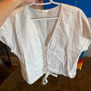 White Linen Front-Tie Crop Blouse